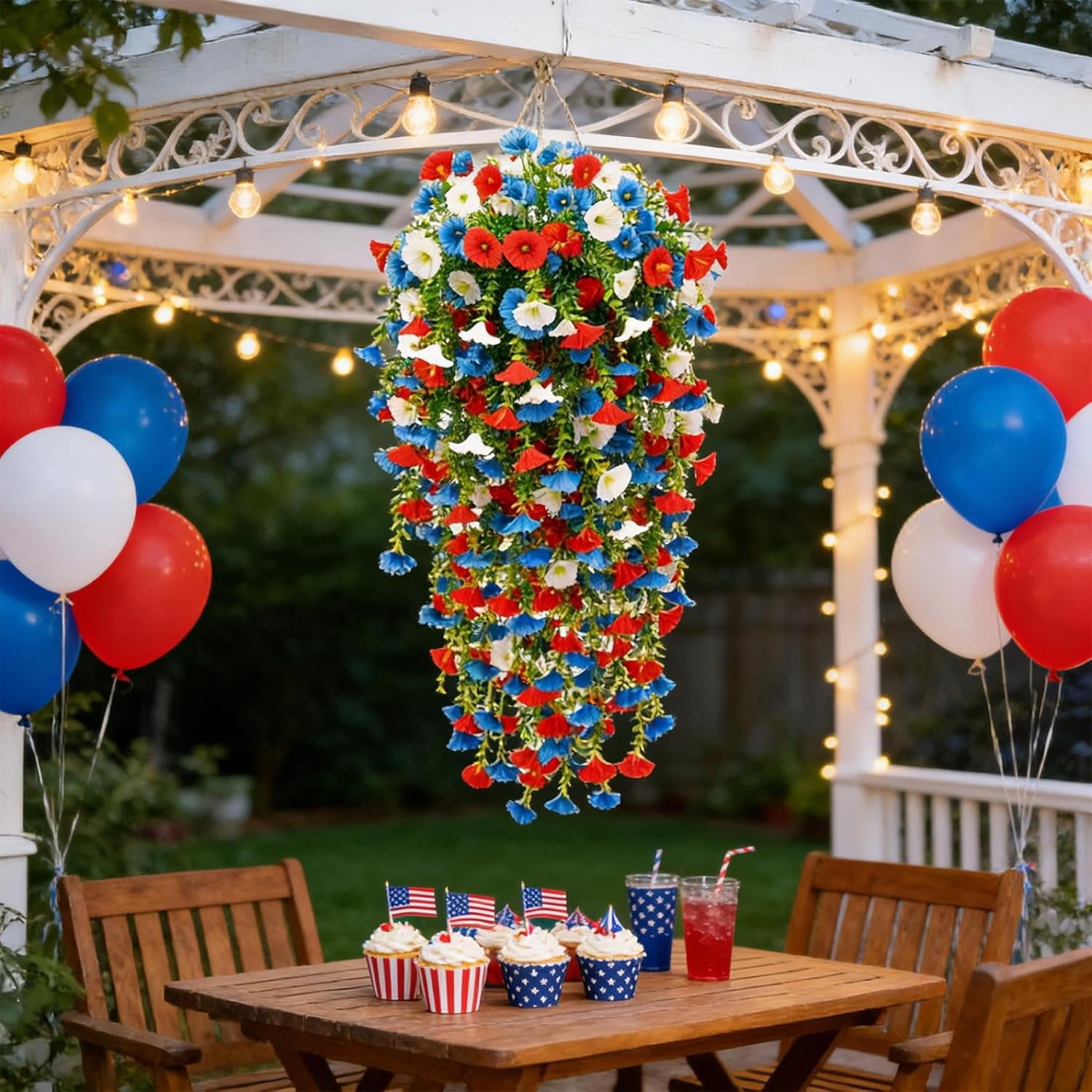 29.53'' Artificial Hanging Baskets with Red White and Blue Flowers, Artificial Flowers, Flower Basket, Hanging Plant for Home Porch Patio Garden Balcony Yard Decor(2pcs)