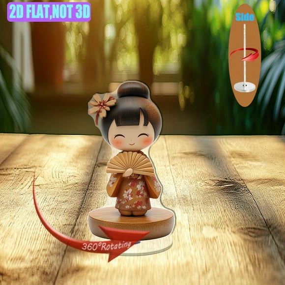 Ornement Acrylique Rotatif avec une Fille en Bois Sculptée à la Main en kimono avec Motifs Floraux et un Ventilateur Pliant Délicat, Reposant sur une base en Bois Naturel