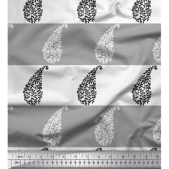 Soimoi Black Poly Georgette Fabric Stripe & Paisley Printed Fabric 1 Yard 52 Inch Wide