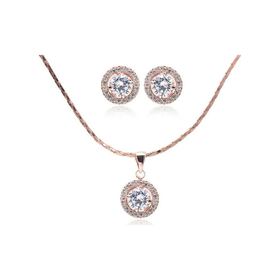 Wedding Jewelry Set Rose Gold Plating Round Cubic Zirconia Necklace Earring Set