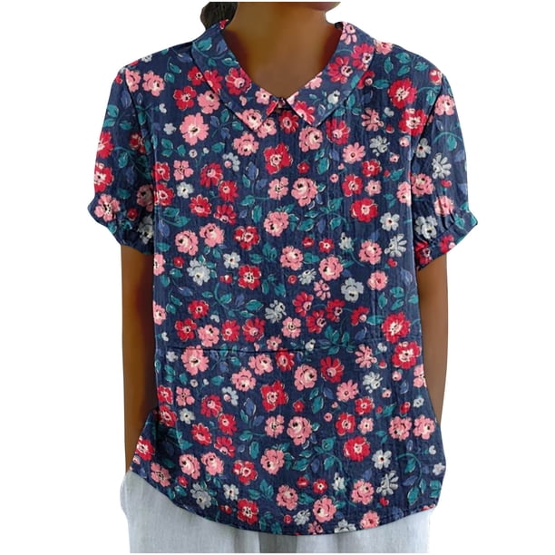 Blusas de Manga Corta para las Mujeres Cuello de Muñeca Lindo Lino Algodón, Impreso Suelto Camiseta para el Uso Casual, Diario Y de Verano