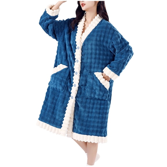 Hrsba Womens Winter Robes,Sleepwear for Women Solid Color Fleece Robe Mid Length Thick Warm Loose Winter Home Loungewear with Pockets