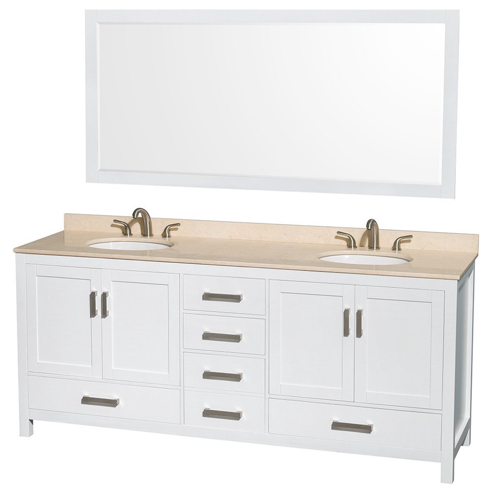 80" Double Vanity,White, Ivory Marble Top, Undermount Oval Sinks,70