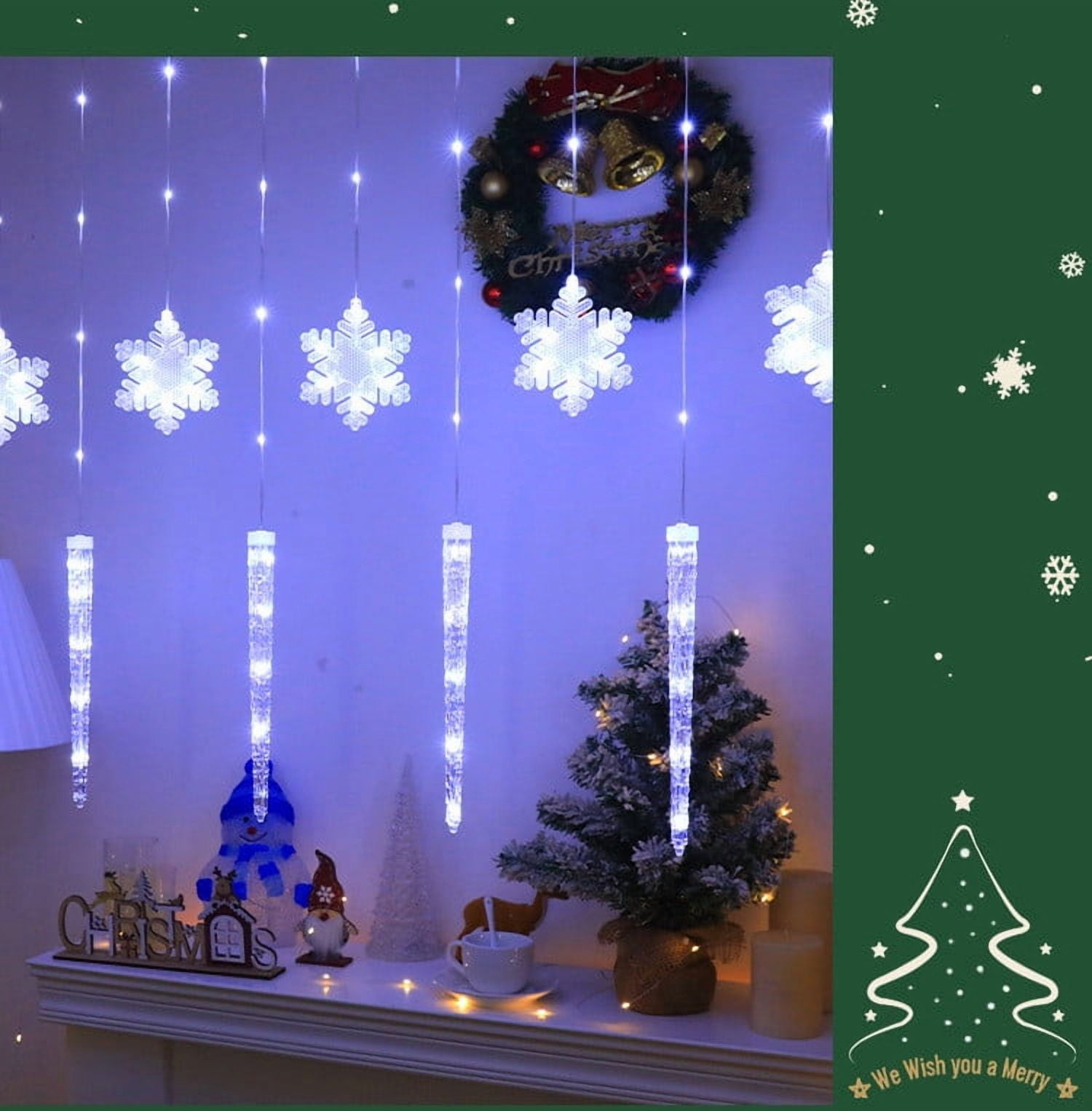 REZUOFI 2 Pcs Christmas Curtain Lights Outdoor Waterproof LED Icicle Snowflake String with Remote Control, 8 Modes, Warm White & Multicolor for Holiday Decor