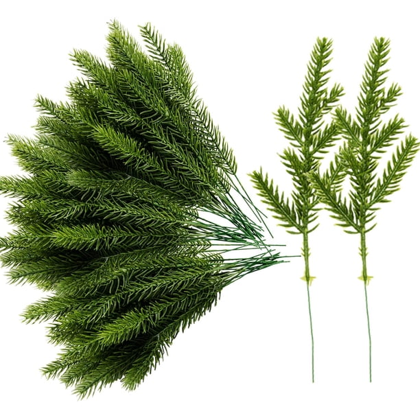 100 agujas de pino artificiales, guirnalda de ramitas, 6,7 x 2,0 pulgadas, agujas de pino de plantas verdes para corona de bricolaje, decoración de Navidad y decoración del jardín del hogar, agujas d JAMW Sencillez
