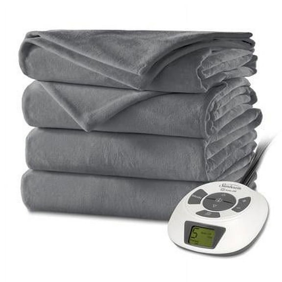 Sunbeam Solid Print Polyester/Velvet Plush Washable Electric Blankets, Twin, Gray