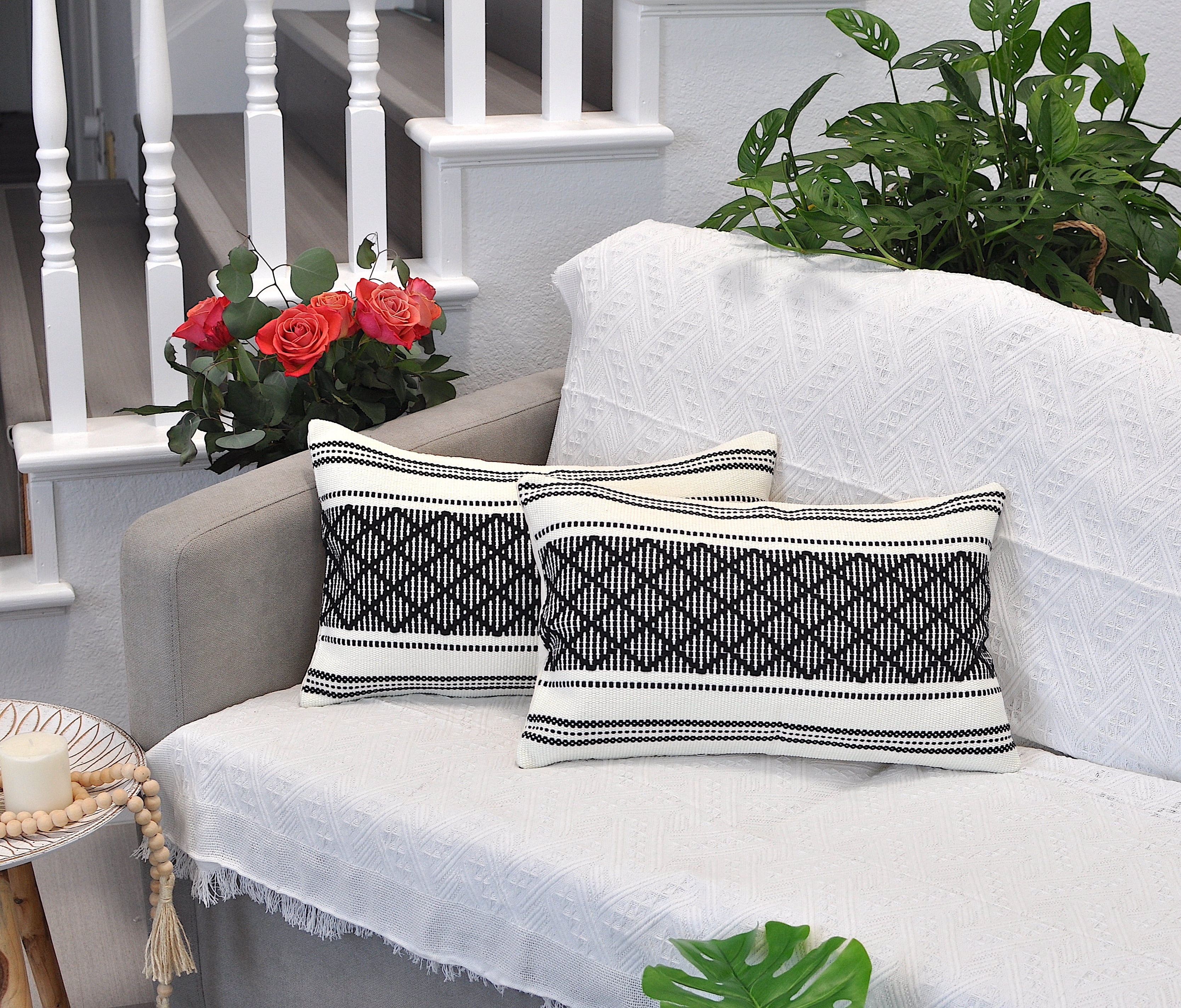 Cotton Woven Designer Lumbar Throw Pillow Covers Black and White, 12 x 20 inches | Oblong Small Rectangular Pillow Cases Set of 2