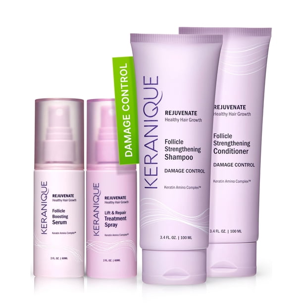 Keranique Set de control de daños para cabello adelgazado - Champú y acondicionador para suero potenciador de folículos capilares dañados Spray de elevación y reparación - Productos de reparación enri