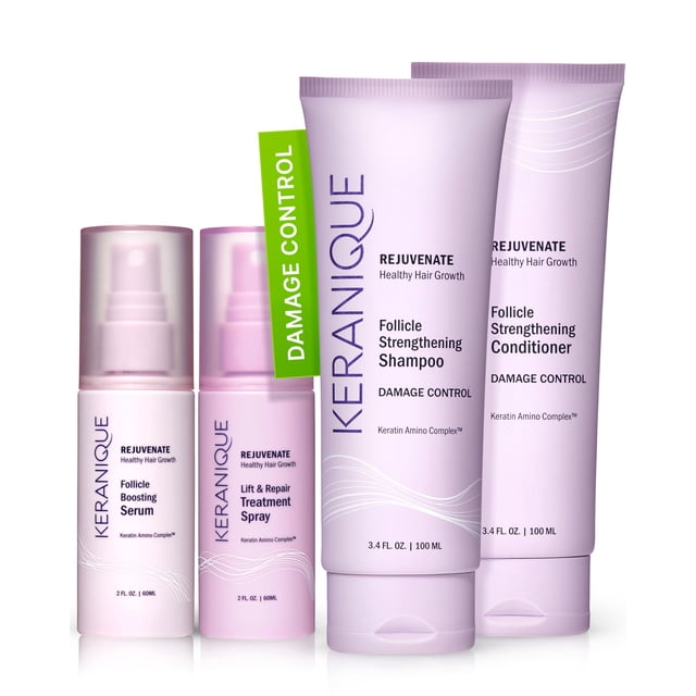 Keranique Set de control de daños para cabello adelgazado - Champú y acondicionador para suero potenciador de folículos capilares dañados Spray de elevación y reparación - Productos de reparación enri