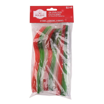 Holiday Time Plastic Cutlery, Red Green Clear ,Fork, , Spoon, Christmas Party, Celebrate, Food Grade, 24 pcs