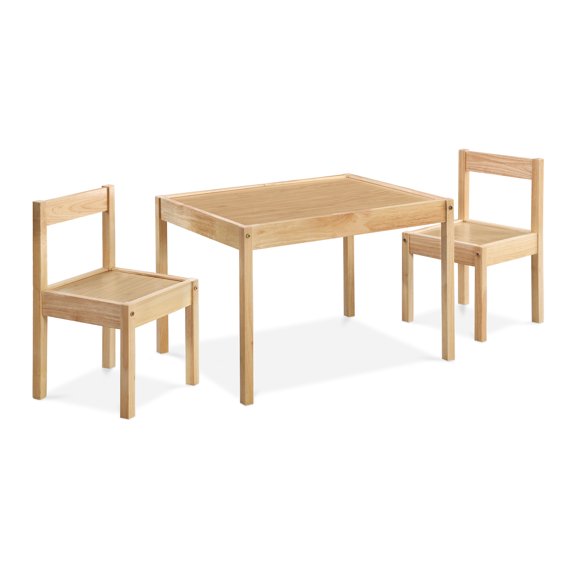 Natural Wood Kids Table and Chair Set, 3-Piece Solid Wood Children's Activity Table with 2 Chairs for Playroom & Crafts