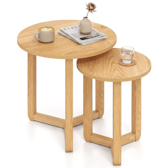 Costway Round Nesting Coffee Table Set of 2 with Thickened Top & Solid Rubber Wood Legs Natural