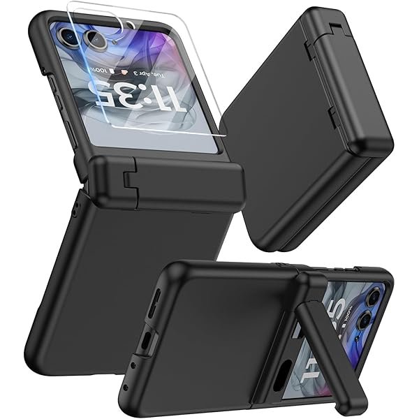 wonima11 for Motorola Razr 2024/2025 Case with Stand, Built-in Outer Screen Protector & Hinge Protection, Slim Fit Hard Full Body Shockproof Phone Cover for Moto Razr 2024/2025, Black