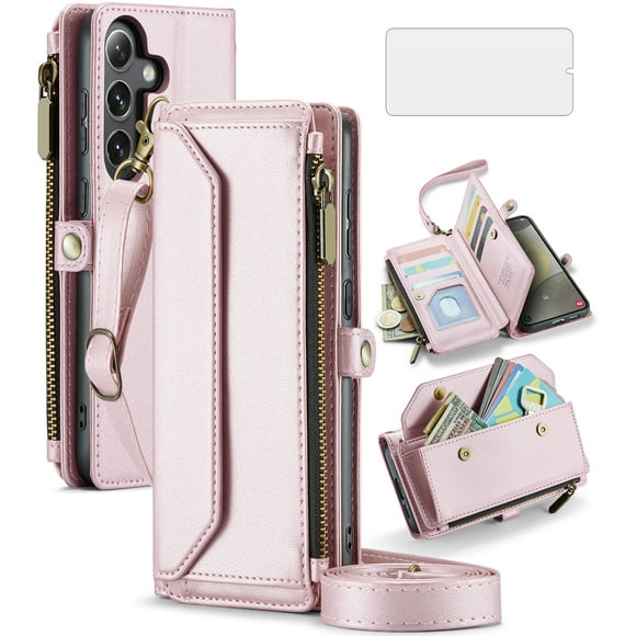 Asuwish Compatible with Samsung Galaxy S24 5G Zipper Wallet Phone Case Tempered Glass Screen Protector Crossbody Lanyard Strap Flip Card Holder Slot Cell Cover for S 24 24S G SM-S931U Women Rose Gold