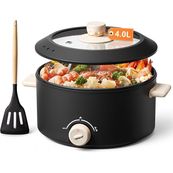 Hot Pot Electric, 4L Electric Pot with Non-Stick Coating, Dual Power Electric Cooker for Deep Frying, Steak, Pasta, Multi-Functional Large Capaity Shabu Shabu Pot for Party, Dark Black
