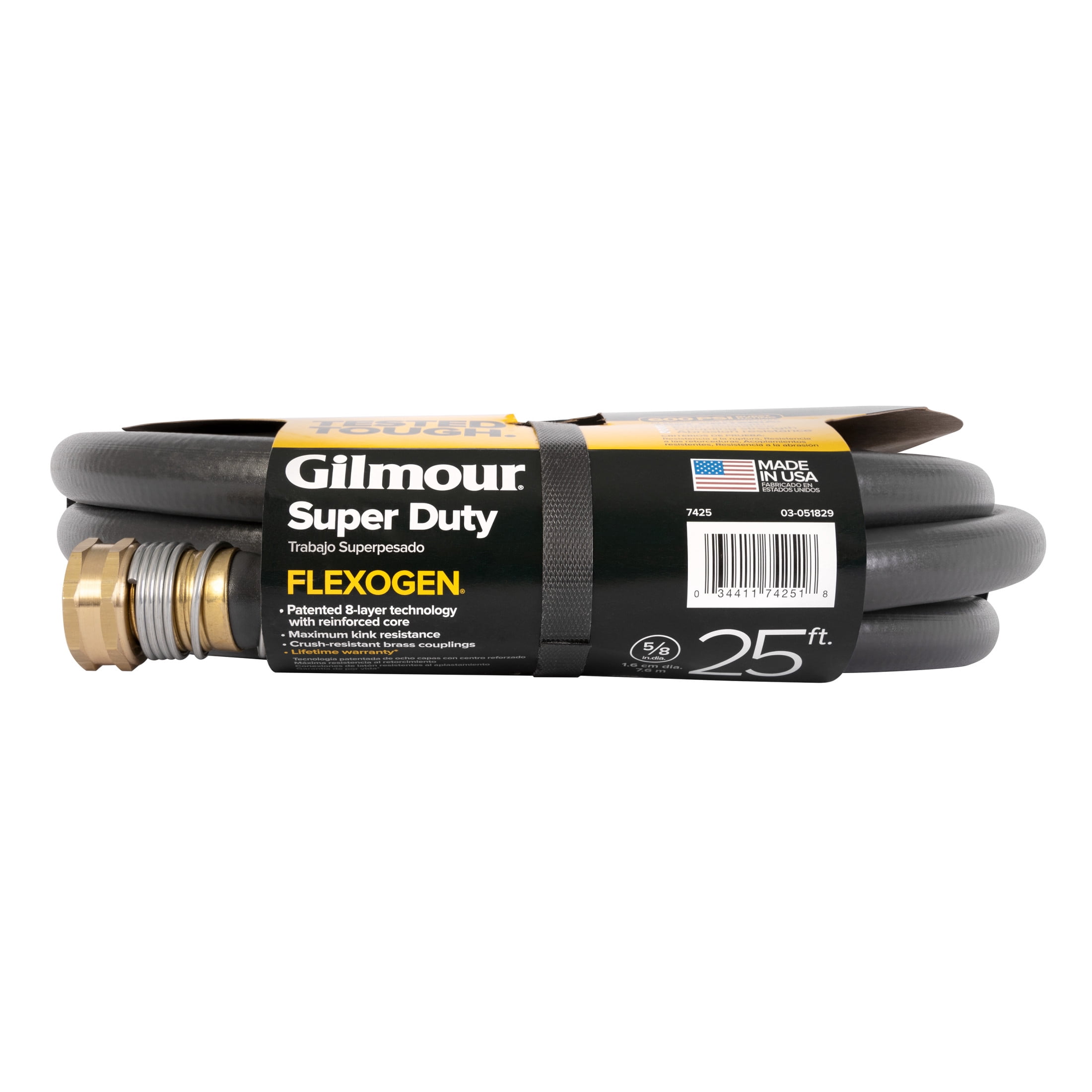 Gilmour Heavy-Duty Garden Hose, 5/8" x 25', 600 PSI, 8-Layer Construction, Kink-Resistant Design with Brass Couplings