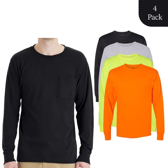Hanes Workwear Long Sleeve Pocket T-Shirt, Men Soft Assorted Color Printable Solid Tee, 4 Pack, S