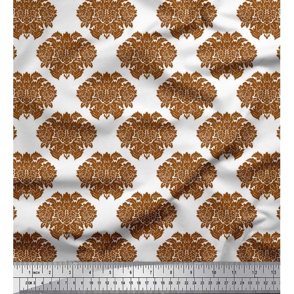 Soimoi Brown Silk Fabric Floral Damask Print Fabric by the Yard 42 Inch Wide