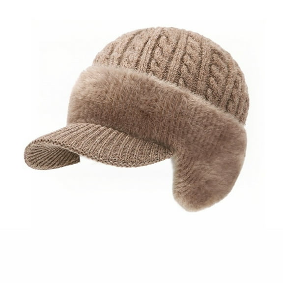 Winter Knit Hat with Ear Flaps, Cold Weather Warm Knitted Beanie Cap with Visor Soft Lined Ear Protecting Hat for Outdoor Daily Wear