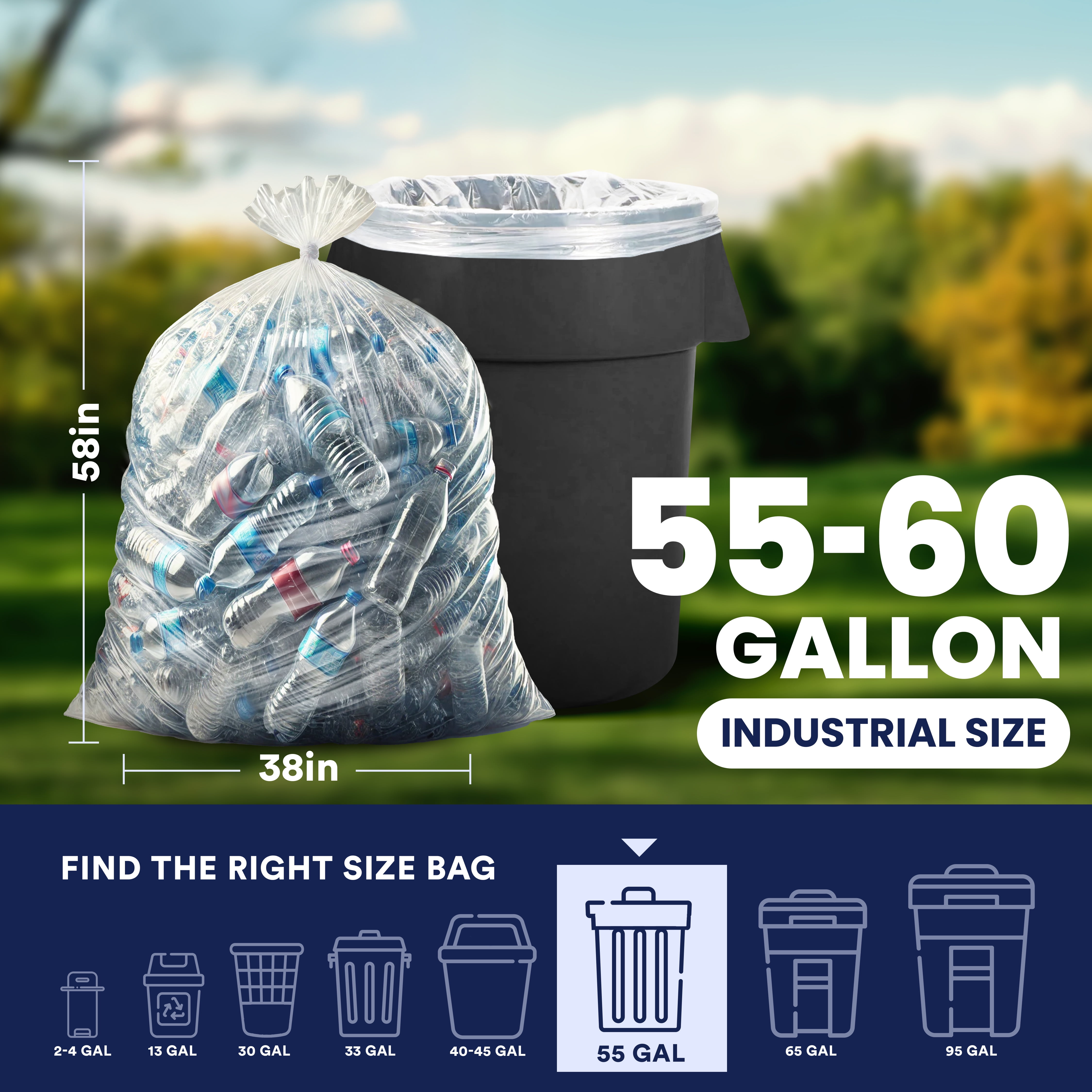 Plasticplace 55-60 Gallon Trash Bags │ 2 Mil │ Clear Heavy Duty Garbage Can Liners │ 38” x 58” 1 Count (Pack of 50)