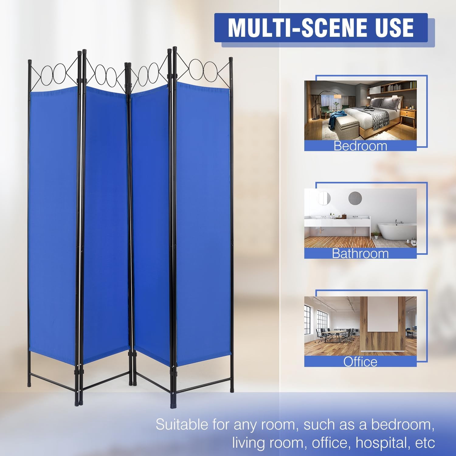 PayLessHere 4 Panel Room Divider 6 ft Steel for Home Office Bedroom, Blue
