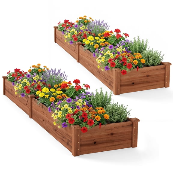 Costway 2 PCS Wooden Raised Garden Bed Outdoor Wood Planter Box for Vegetables Flowers Brown