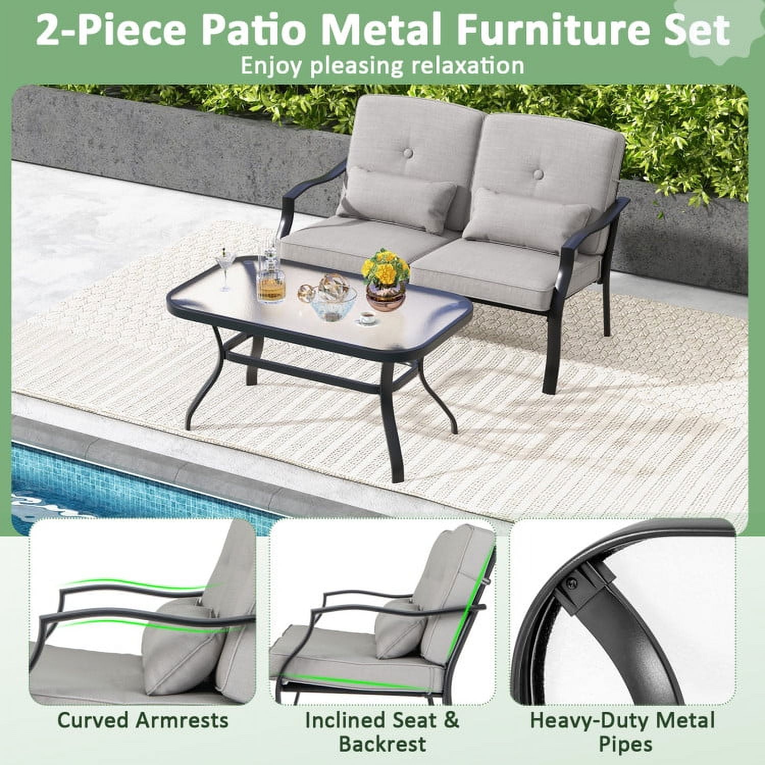 Aimee Lii 2 Pieces Outdoor Patio Furniture Set, Patio Sectional Furniture Set with Tempered Glass Coffee Table, Gray