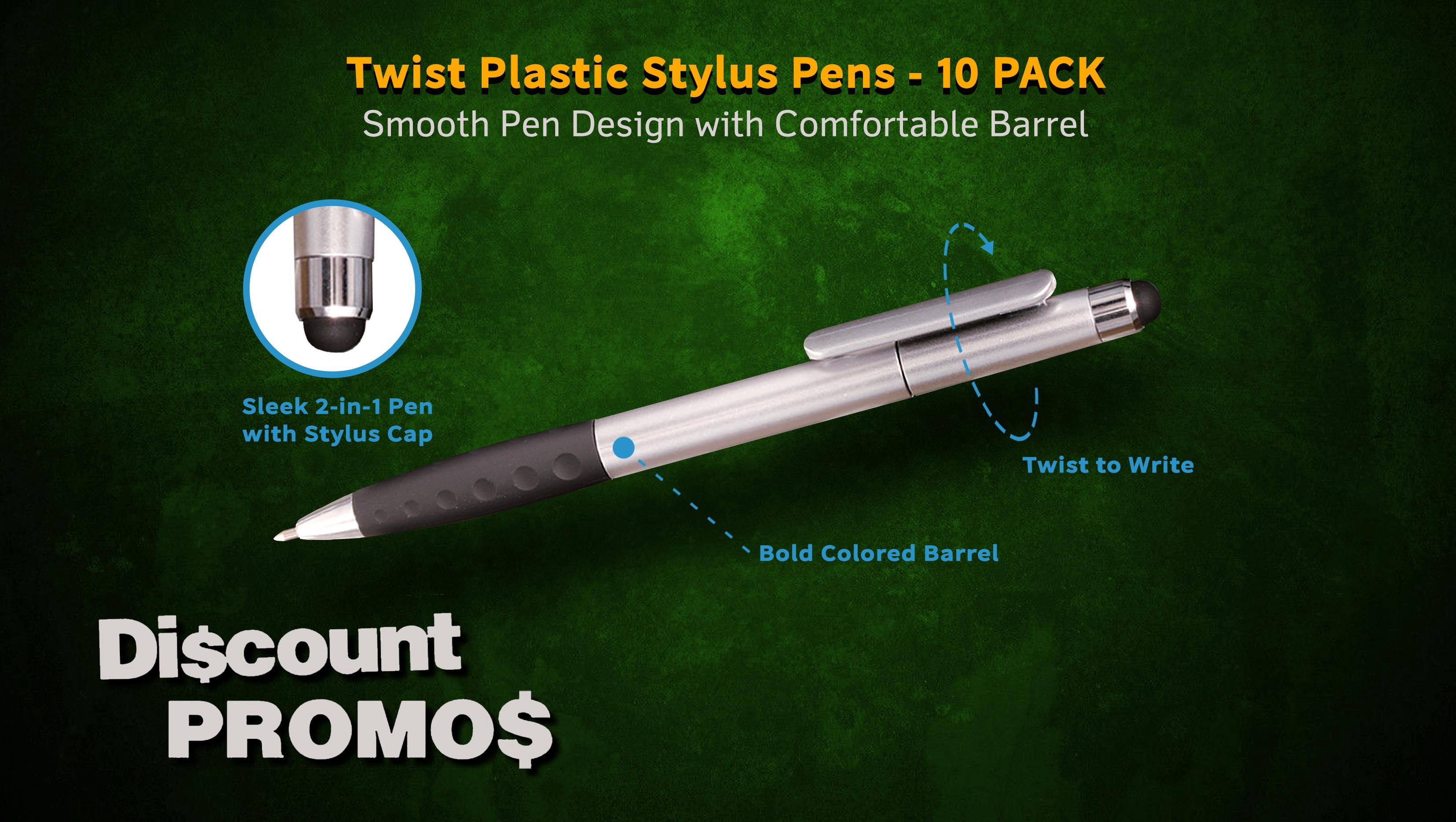 10 Twist Plastic Stylus Pens Pack - Ballpoint, Rubber Grip - Silver