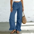 thumbnail image 4 of Oiangi Womens Wide Leg Pants Elastic Waist Cotton Linen Trousers Ruffled Hem Smocked Pant with Pockets Navy XL, 4 of 5