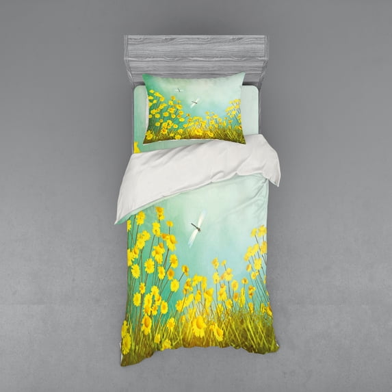 Ambesonne Nature Bedding Set 3 Pcs, Daisies and Dragonflies, Twin XL, Green Yellow