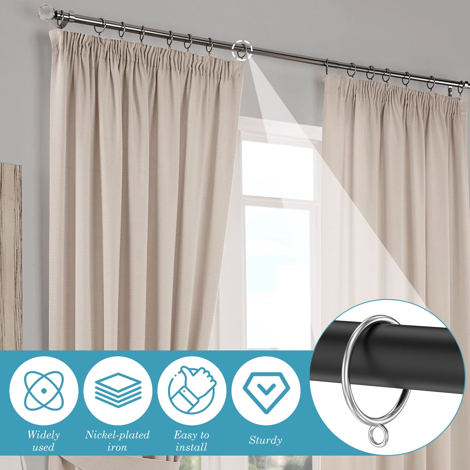 100Pcs Curtain Rings with Eyelets Heavy Duty Metal Drapery Ring 1.8 Inch I D Fits Rods up to 1.26 in Home Bathroom