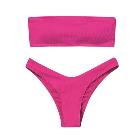 2 Piece Bandeau High Waisted Ribbed Bathing Suit Strapless Top Thong Brazilian Bikini Set Swimsuit for Women Pink S