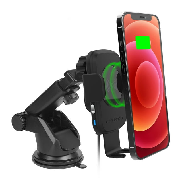 Naztech 15W Black Smart Grip Wireless Charging Car Mount with an intelligent auto-gripping system, wireless fast charging, adjustable telescoping arm, and three mounting options: windshield, dash, and vent. Compatible with iPhone and Android devices.