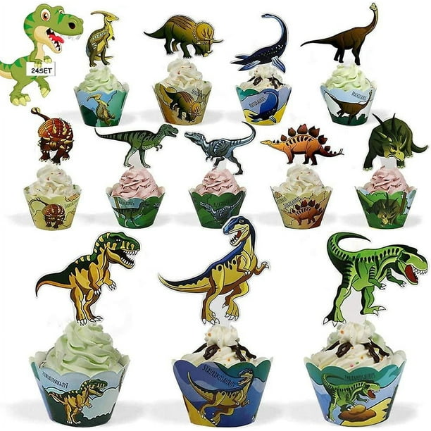 Pack de 24 adornos para cupcakes de dinosaurios y 24 envoltorios para cupcakes de dinosaurios, decoración de tartas de dinosaurios para fiesta infantil, decoración de cumpleaños de dinosaurios