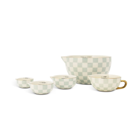 Thyme & Table 5-Piece Ceramic Mixing Bowl and Measuring Set - Mint Checkered
