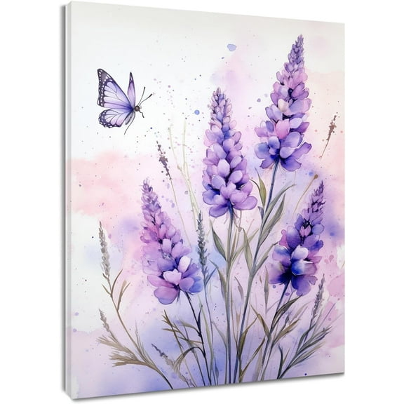 Lavender Wall Art for Living Room,Purple Floral and Butterfly Pictures Wall Decor Country Flower Nature Plant Framed Canvas Wall Art for Bedroom Bathroom Home Decor,16L X 12W inches