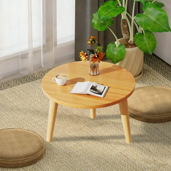 PONPRNGY Round Wood Small Coffee Table, Low Style Table for Living Room, Mid Century Circle Coffee Table, Sofa Side End Tables for Sitting on the Floor