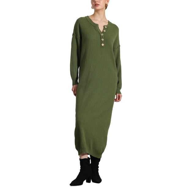 INSPIRE CHIC Vestido de Punto para Mujeres de Manga Larga con Botones Cuello Redondo Vestidos de Suéter Midi Verde S