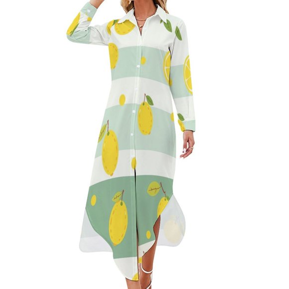 Lemons Striped Background Chiffon Dress V Neck Dresses Women Casual Dress