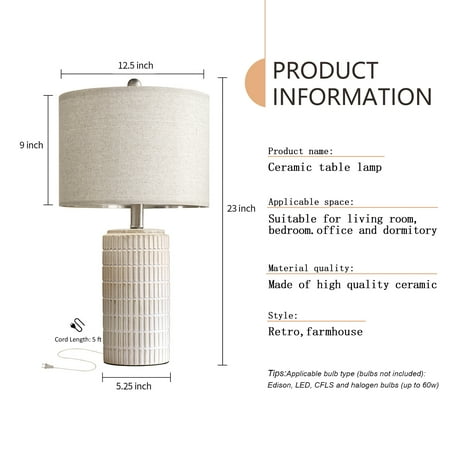 Oneach White Ceramic Table Lamps Set of 2 for Living Room Bedroom 23 Rustic Bedside Nightstand Lamps with Linen Lamp Shades