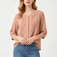thumbnail image 4 of Womens Summer Cotton Linen Tops Elbow Length Sleeve V Neck Tshirts for Women Lightweight Pullover Casual Tees, 4 of 6