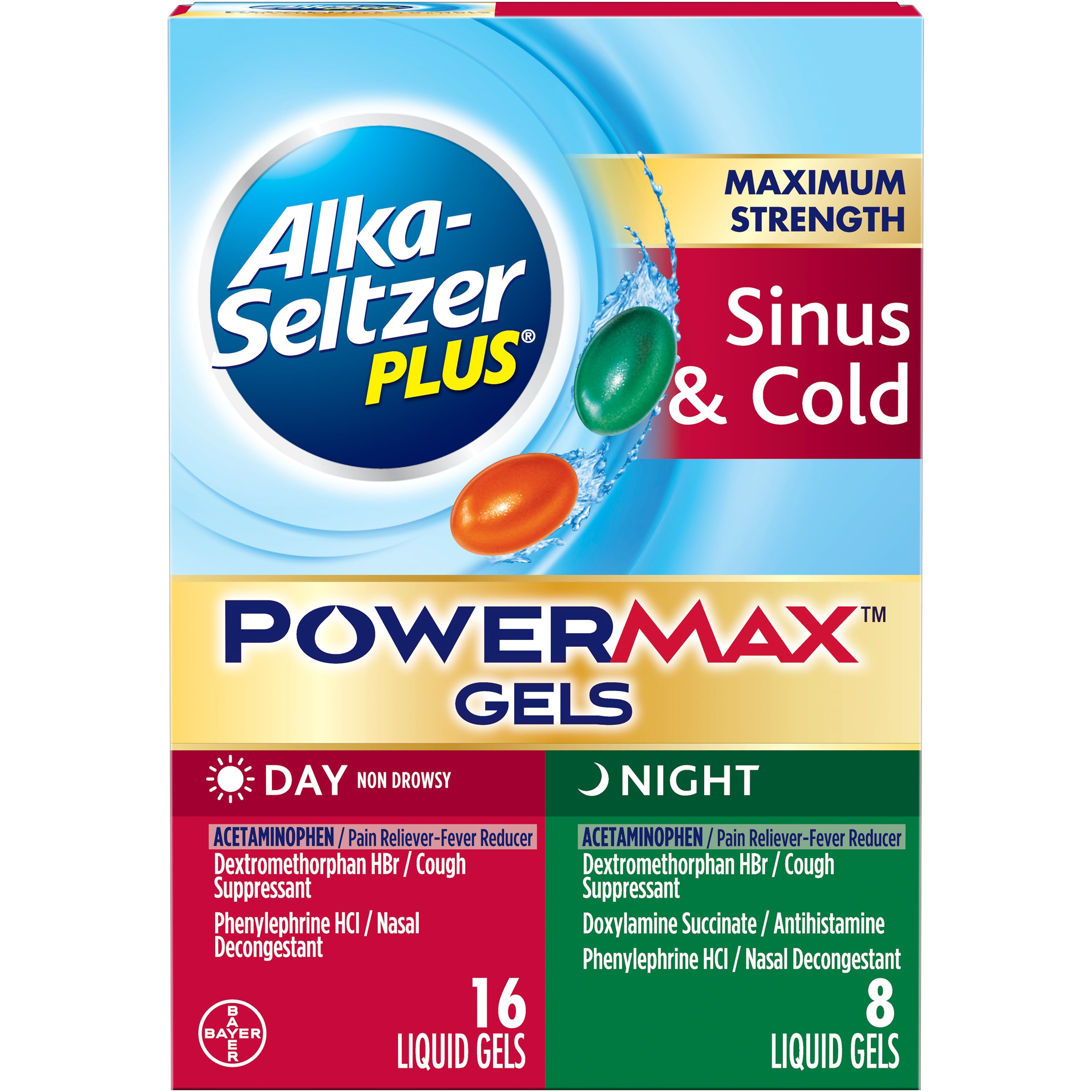 Alka-Seltzer Plus Maximum Strength Sinus & Cold Medicine, Day + Night, Powermax Liquid Gels, 24 Count