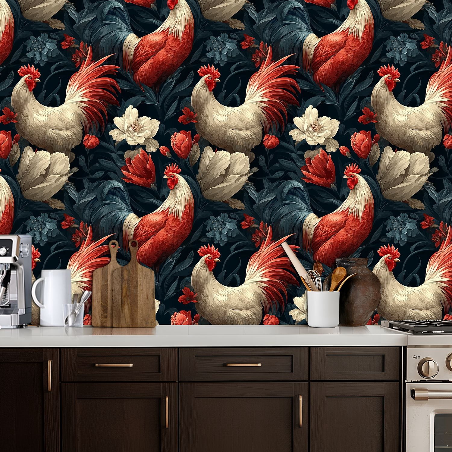 Chicken Peel and Stick Wallpaper Vintage Roosters Floral Garden Wall Mural 17.7in x 9.8ft Self Adhesive Removable Wall Paper Renter Friendly Wallpaper for Nursery Bedroom Cabinets