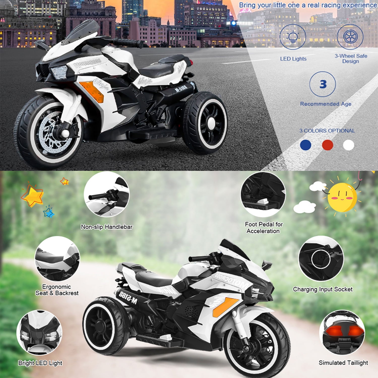 CIPACHO 12V Powered Ride Ons Electric Battery 3Wheel Motorbike Kids Rechargeable Toy Car with Upgrade the Luminous Wheel, White