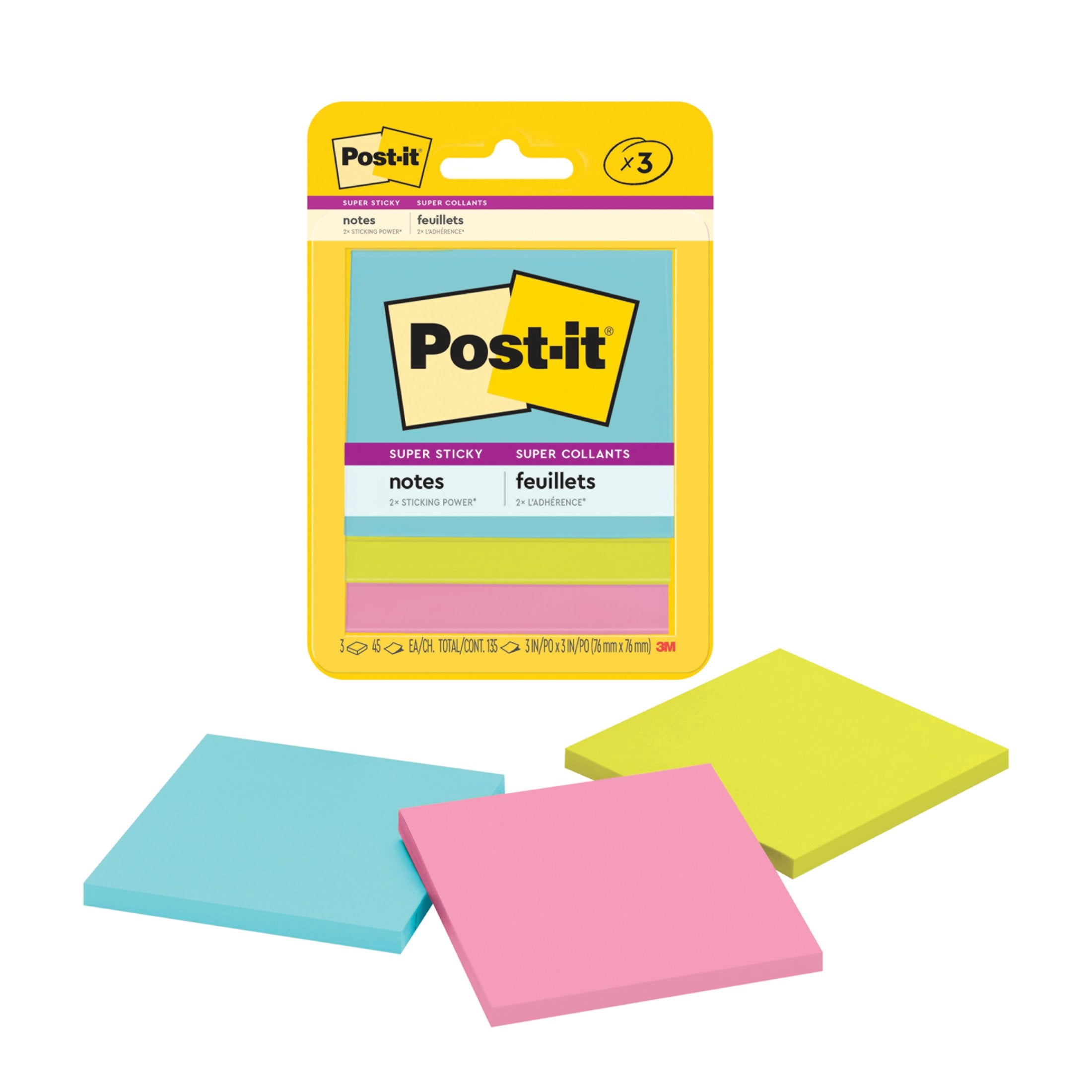 (3 pack) Post-it Super Sticky Notes, 3 in. x 3 in., Supernova Neons Collection, 3 Pads