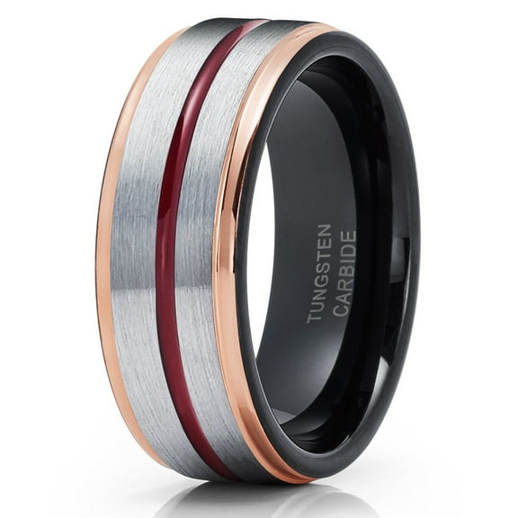 Rose Gold Tungsten Wedding Band Maroon Wedding Band 8mm Tungsten Ring Men & Women Comfort Fit Ring