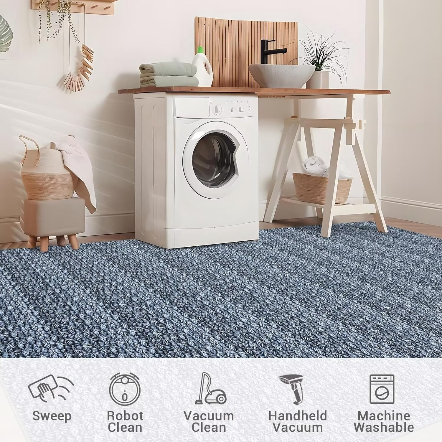 Hasoo Area Rug 9' x 12' Rugs for Living Room Chic Imitation Braided Print Soft Velvet Rug Non Slip Carpet for Bedroom, Navy