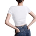 thumbnail image 4 of Tops for Women Short-sleeved Pleated V-neck Solid-color Casual T-shirt White S, 4 of 5