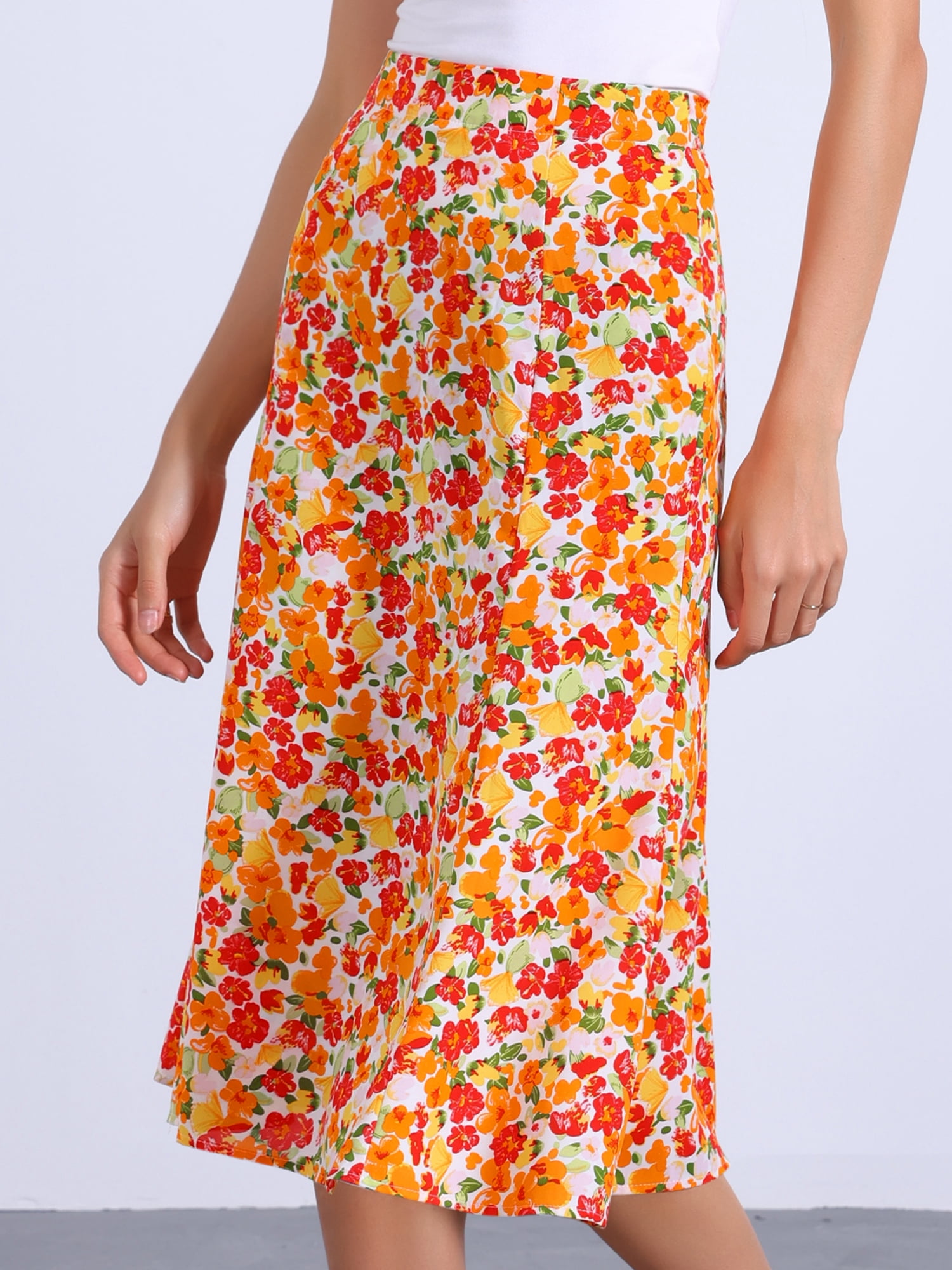 DARING DIVA Women's Floral Midi Peasant Elastic Waist A-Line Skirt M Orange Green
