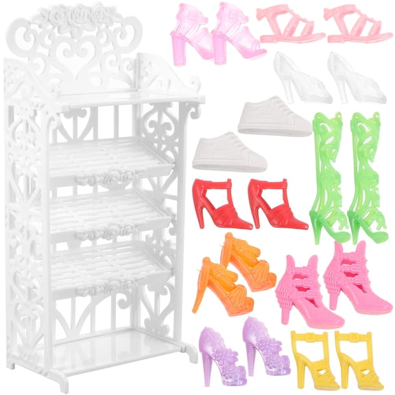 OUNONA Miniature Plastic Shoe Rack with Shoes, Small Dollhouse Furniture Organizer, 1 Set Compact Shoe Storage for Doll Houses